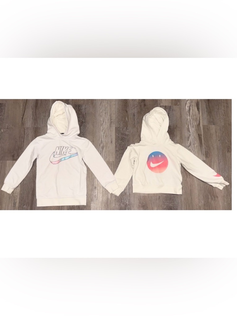 Nike Kids White Hoodies with Pink-to-Blue Gradient Swoosh Graphics